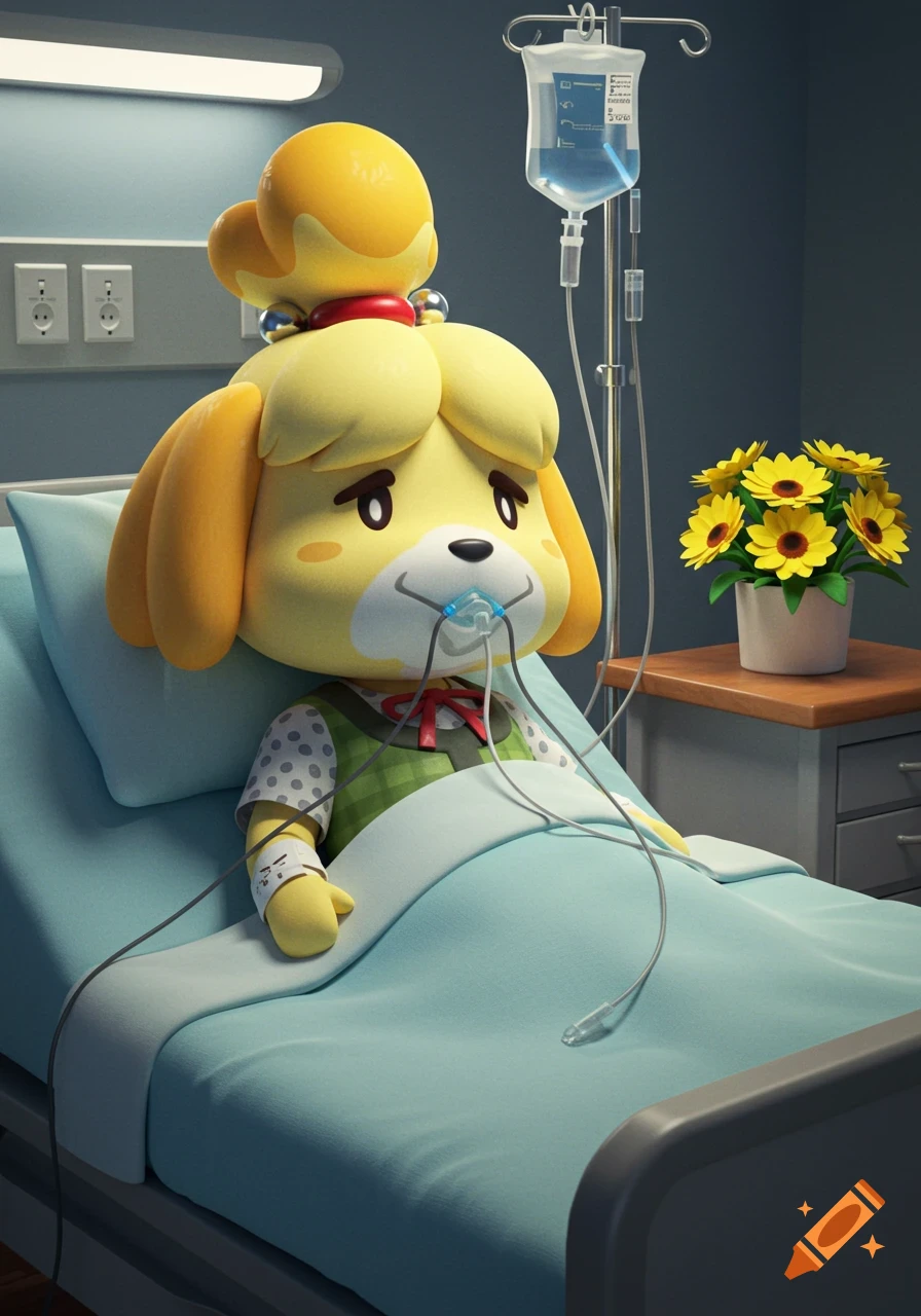 Isabelle from Animal Crossing in a hospital bed with an IV and oxygen mask.