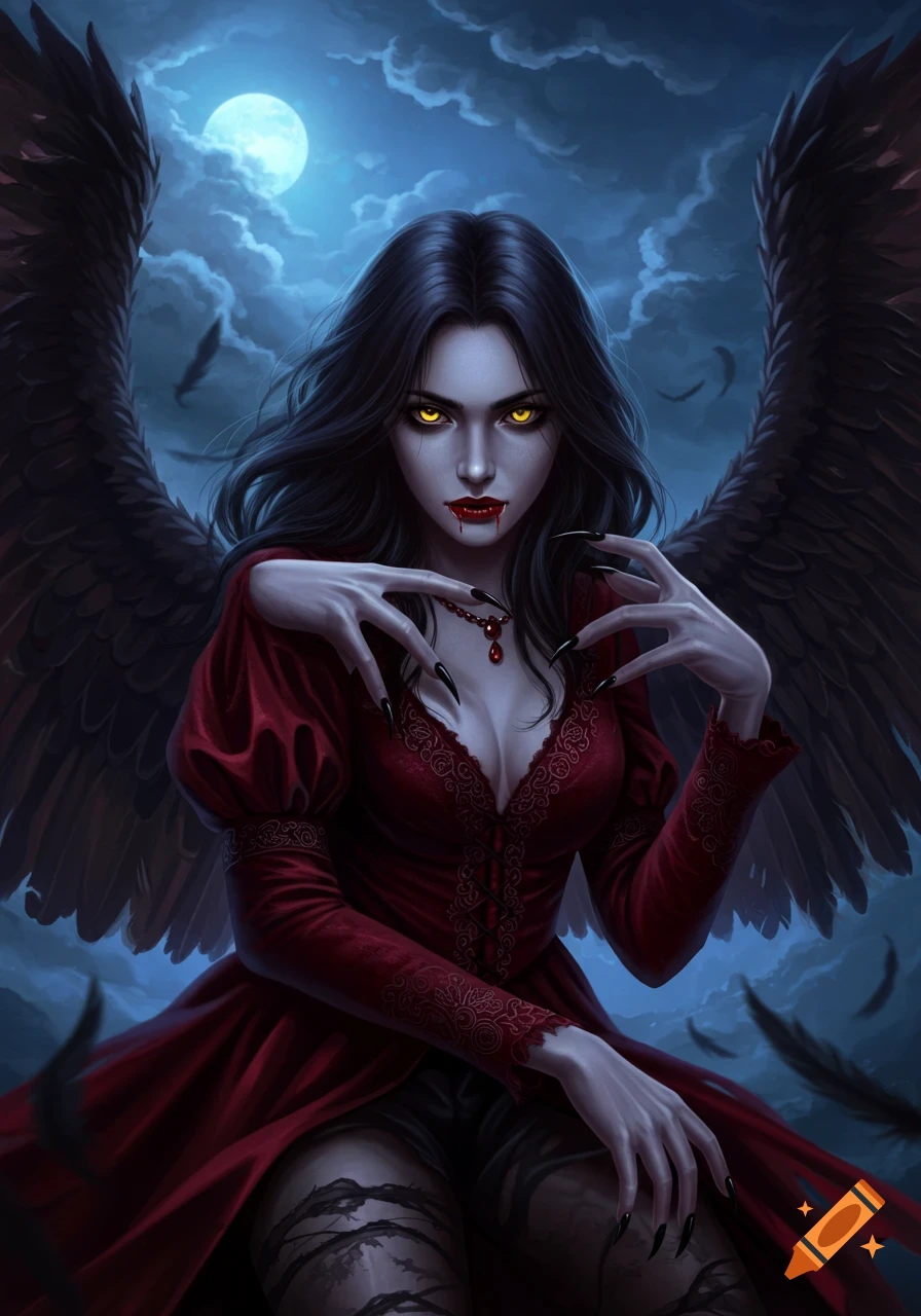 A vampire woman with black wings and fangs in a red dress under a full moon.
