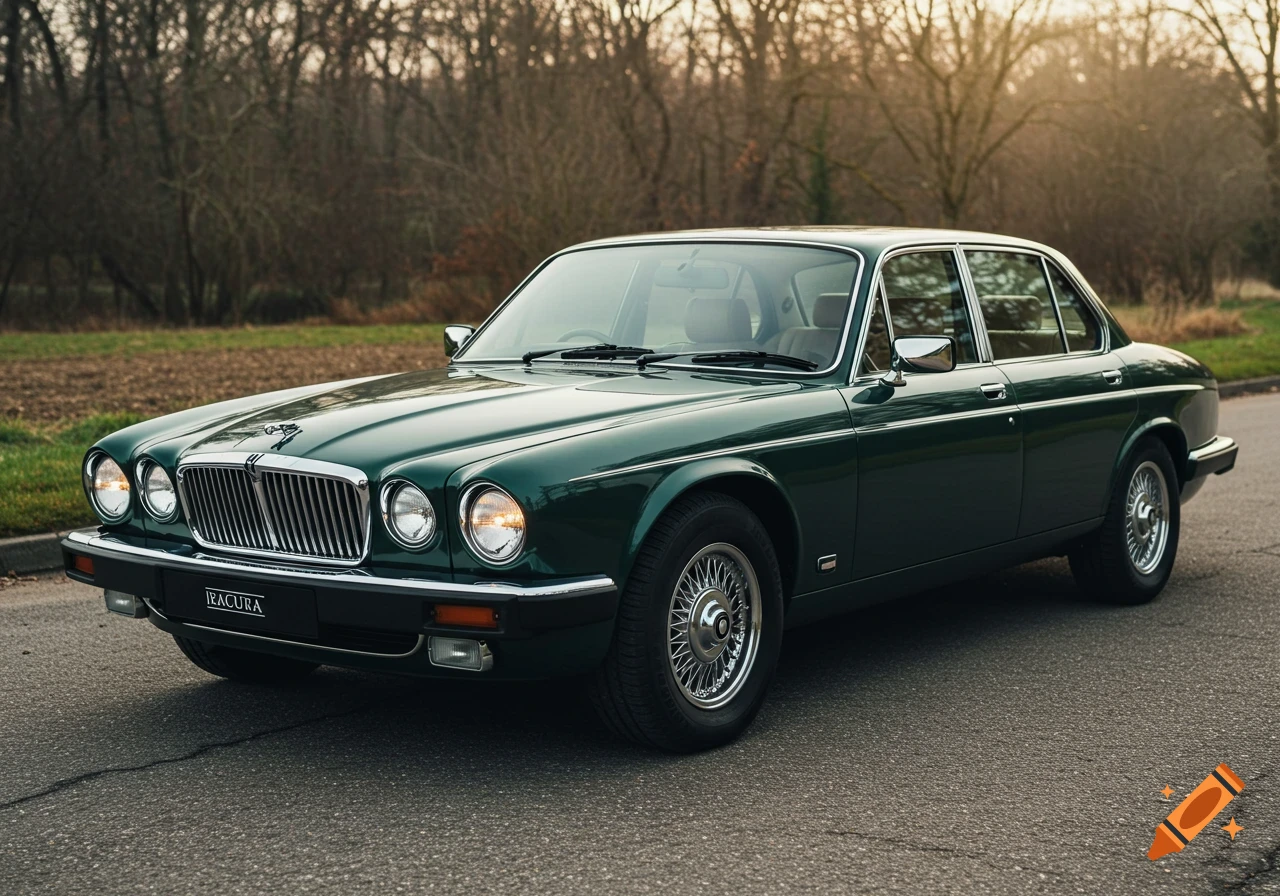 A green Jaguar XJ6 sedan parked outside.