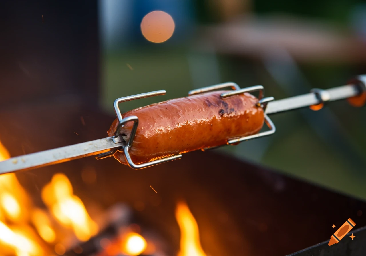 Close-up of a sausage cooking on a rotisserie over flames.