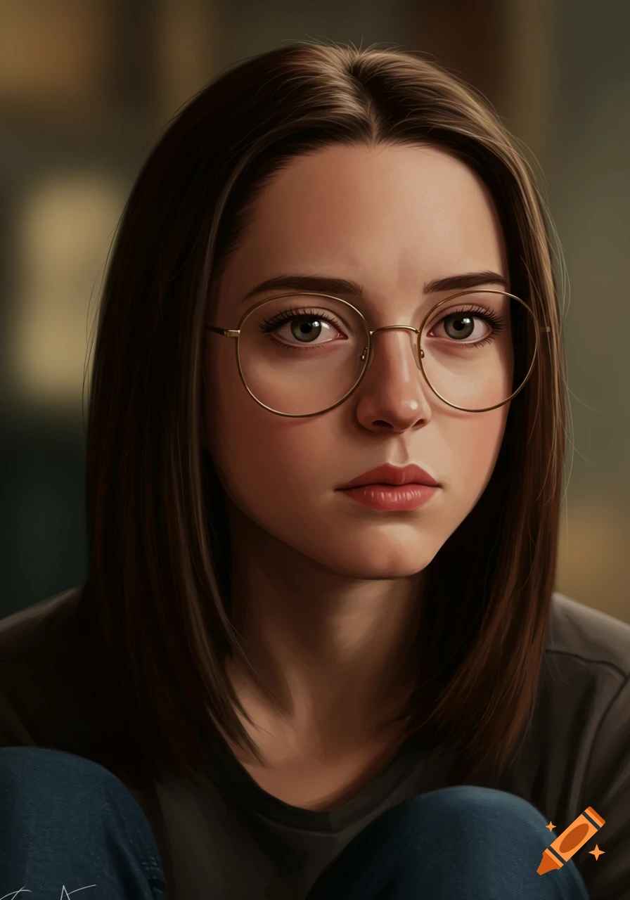 Realistic digital portrait of a young woman with glasses looking forward.