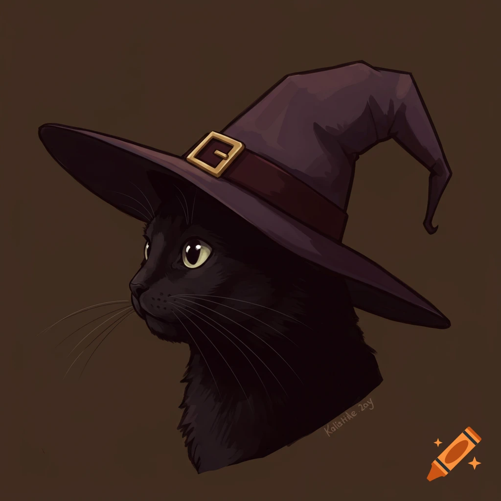 Black cat wearing a witch's hat, dark academia illustration.