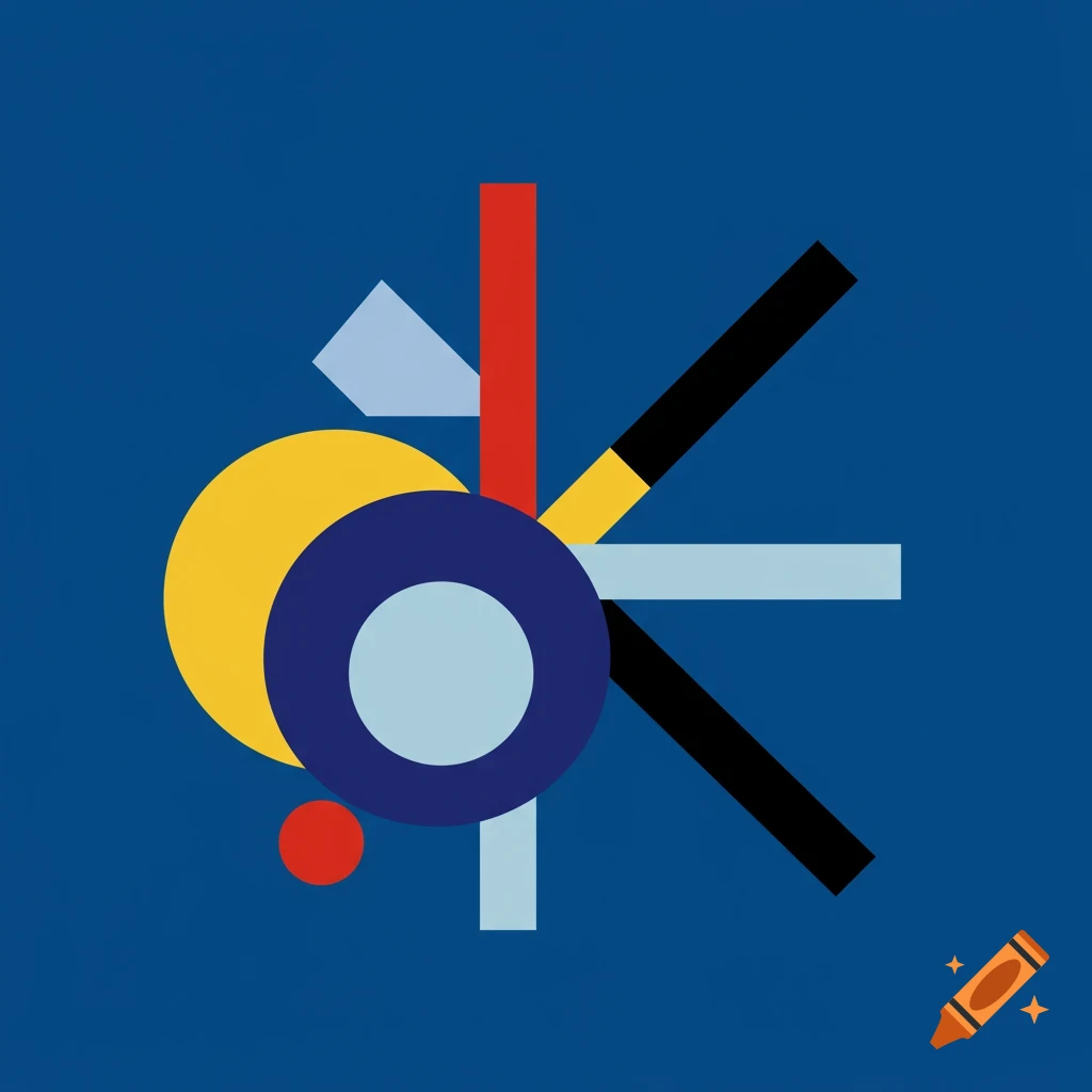 Abstract geometric design with colorful shapes on a blue background.
