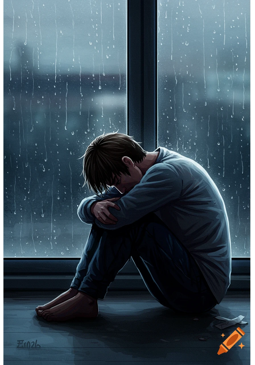 Illustration of a person sitting sadly by a rainy window