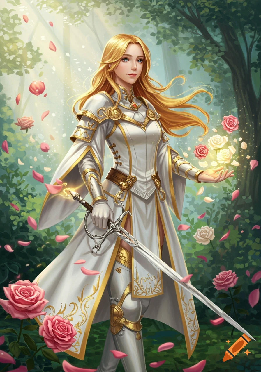 Female fantasy cleric in white armor with a rapier, surrounded by roses and magic in a forest.