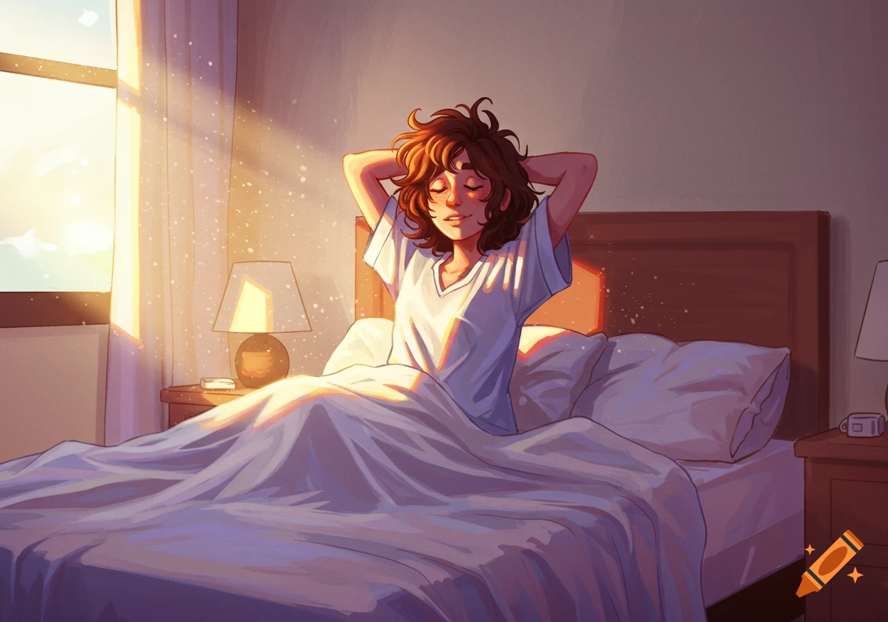 Illustrated person stretching in bed as sunlight streams through the window