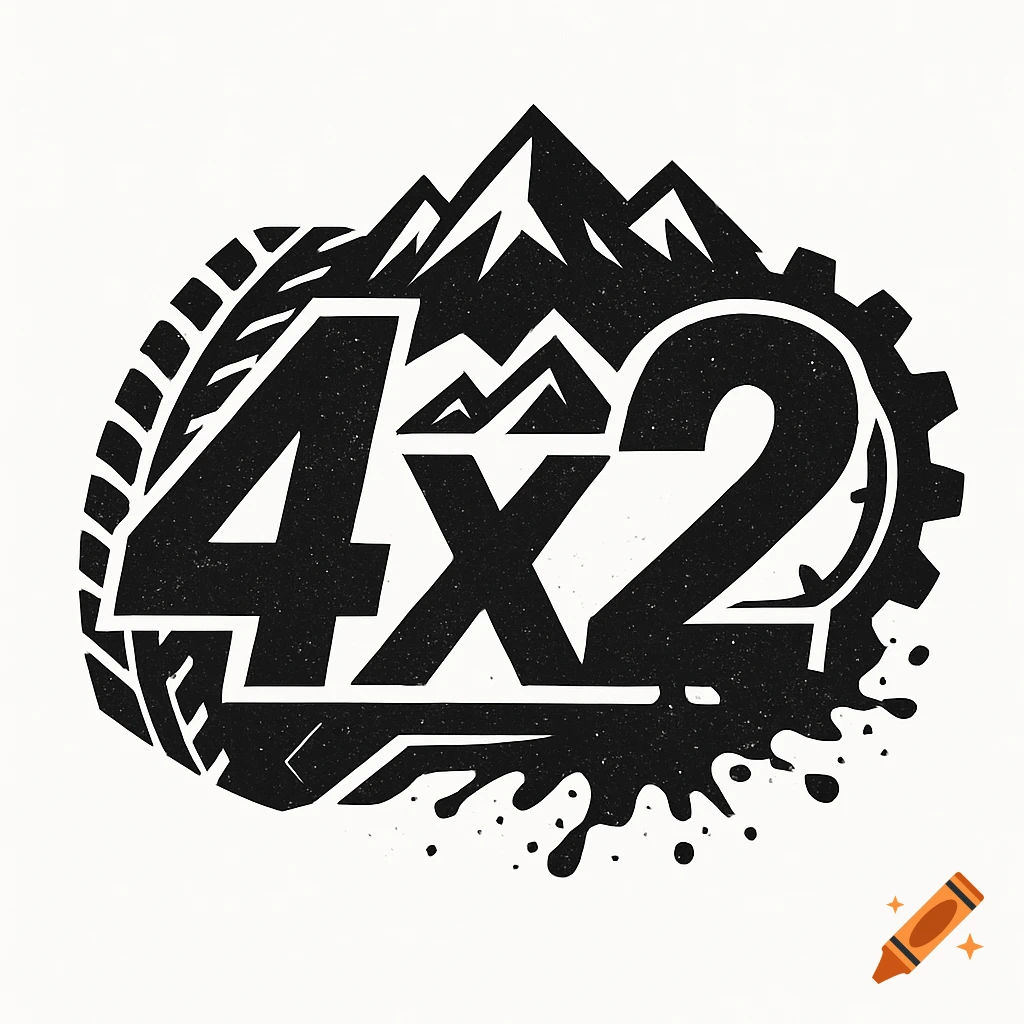 Black and white logo graphic featuring the text "4X2" integrated with mountains, tire tread, and gear elements.