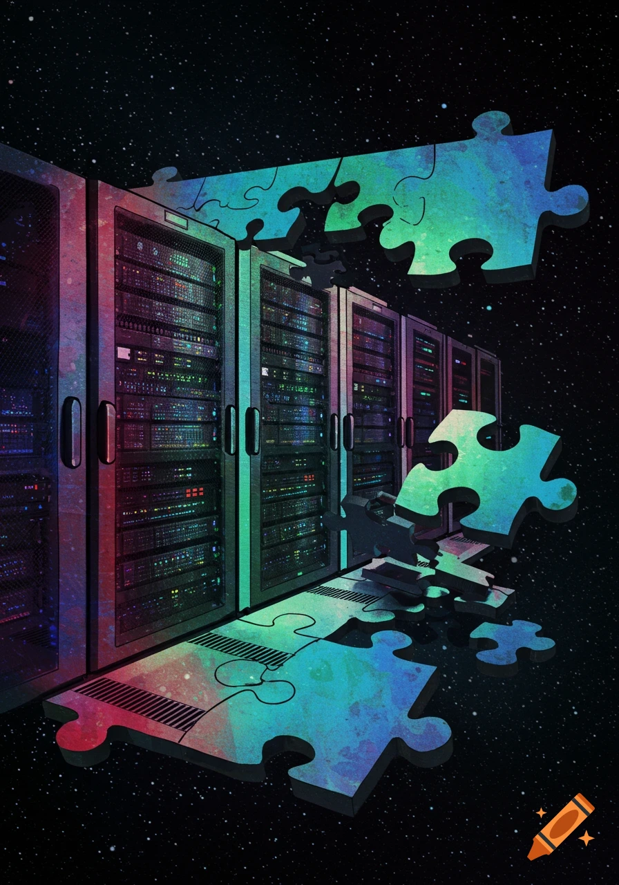 Server racks transforming into floating puzzle pieces against a starry space background in an abstract illustration style.