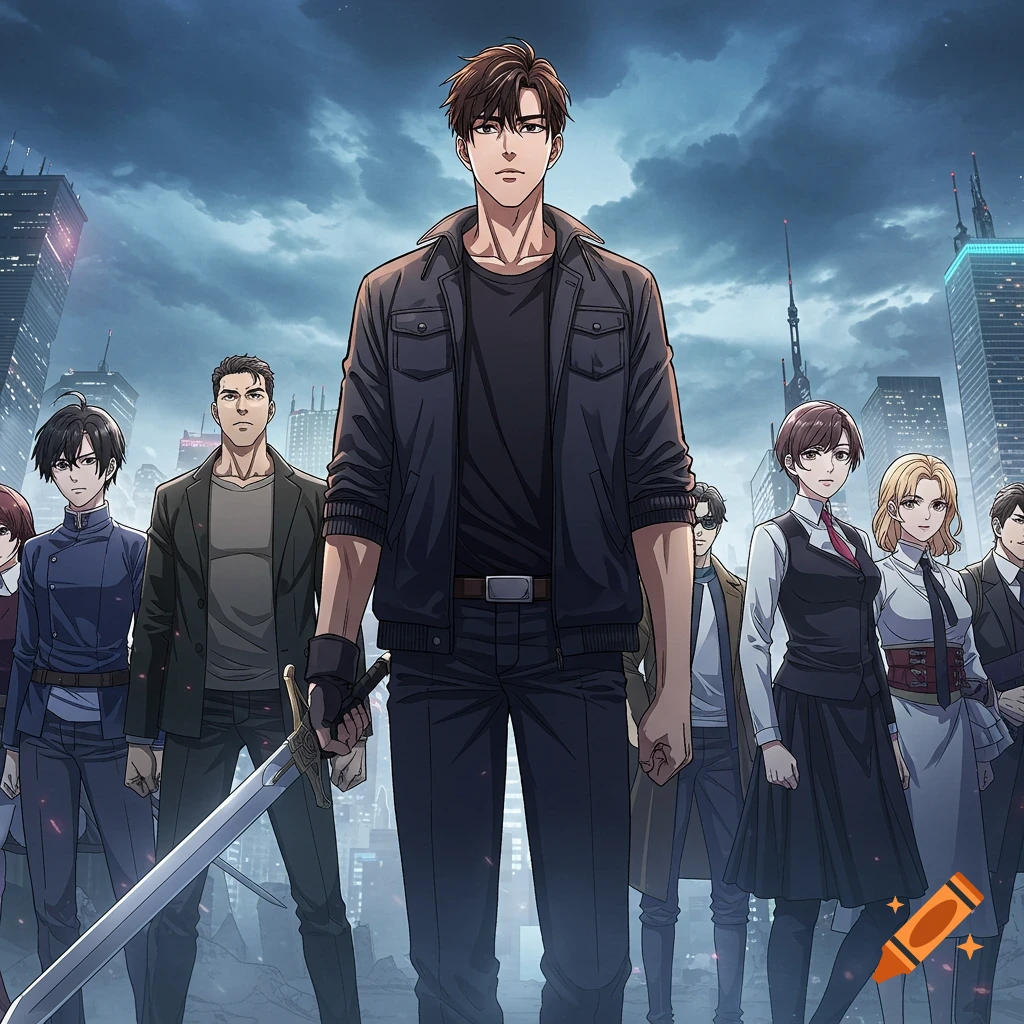 Group of anime characters led by a man with a sword before a city skyline.