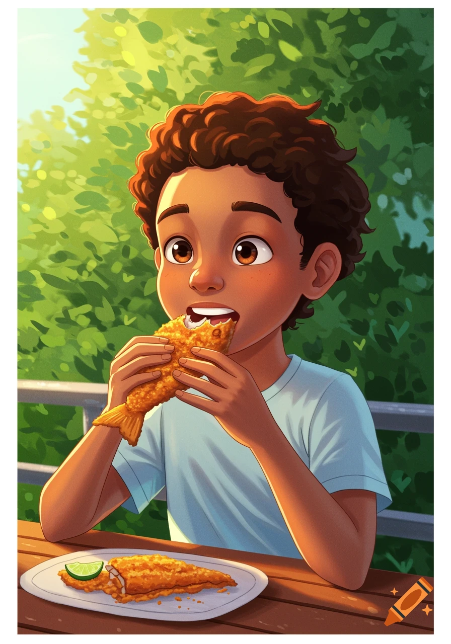 Illustration of a brown boy eating a whole fried fish outdoors at a table.
