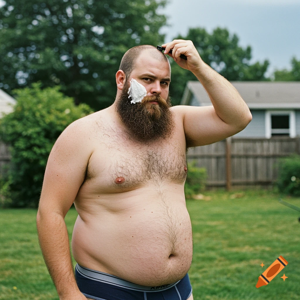 Man with beard shaving head in backyard while wearing underwear.