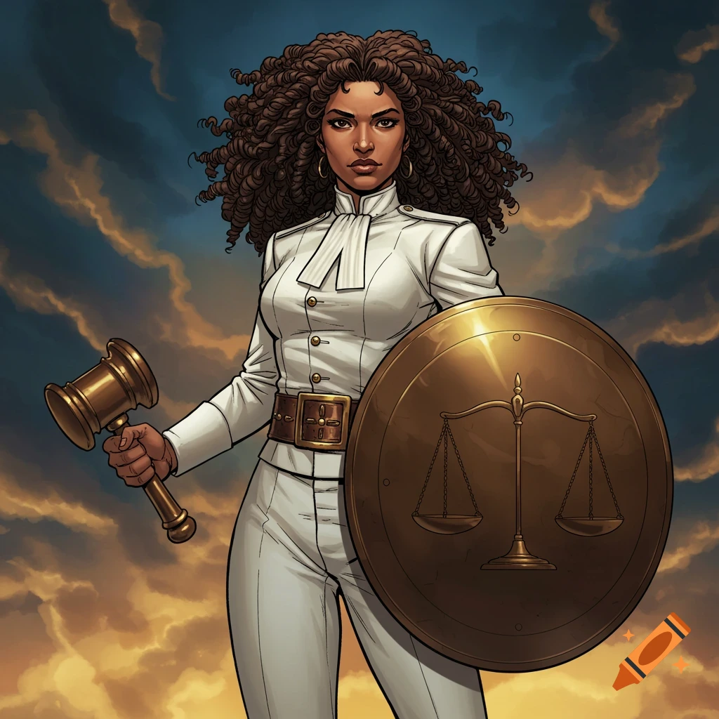 A woman in a white uniform holds a gavel and a shield with scales, in a comic book style.