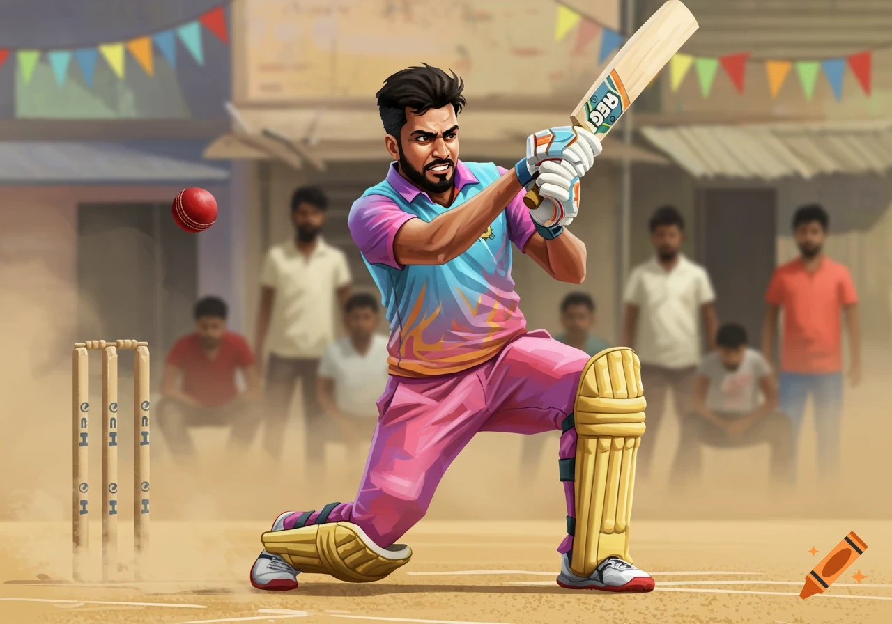 An illustration of a man playing cricket, batting with a red ball flying towards him.