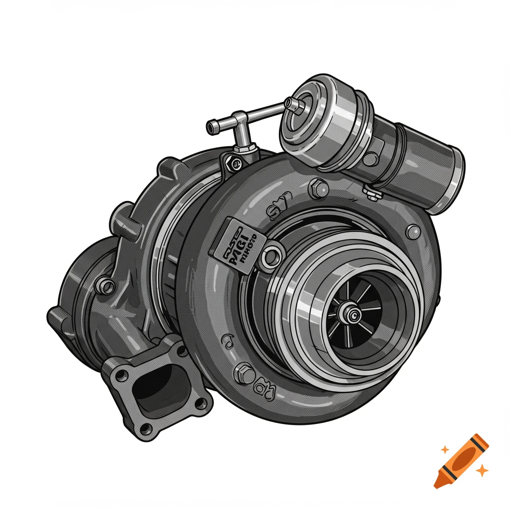 Detailed vector illustration of a turbocharger in black and white.