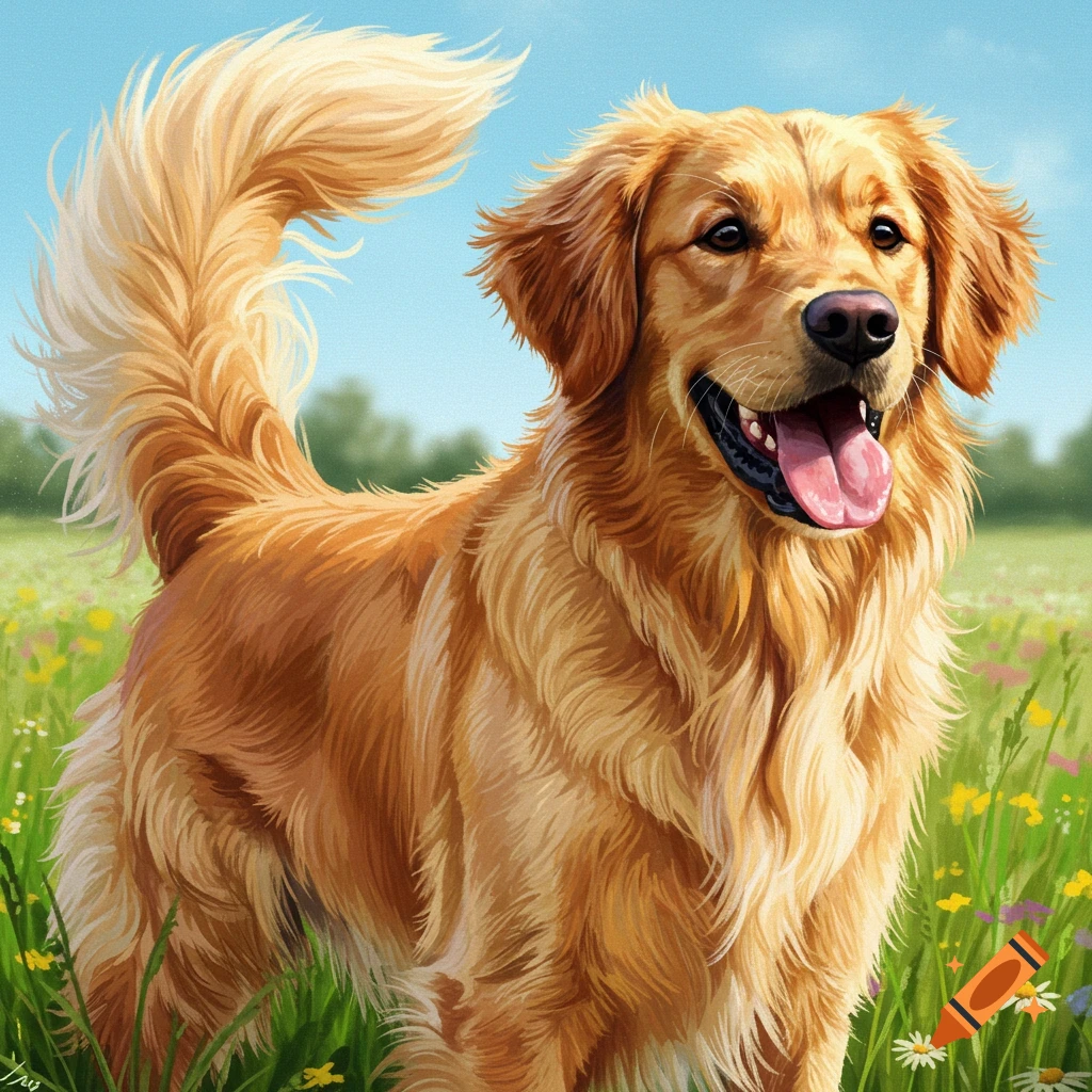 A golden retriever dog stands in a field of wildflowers. on Craiyon