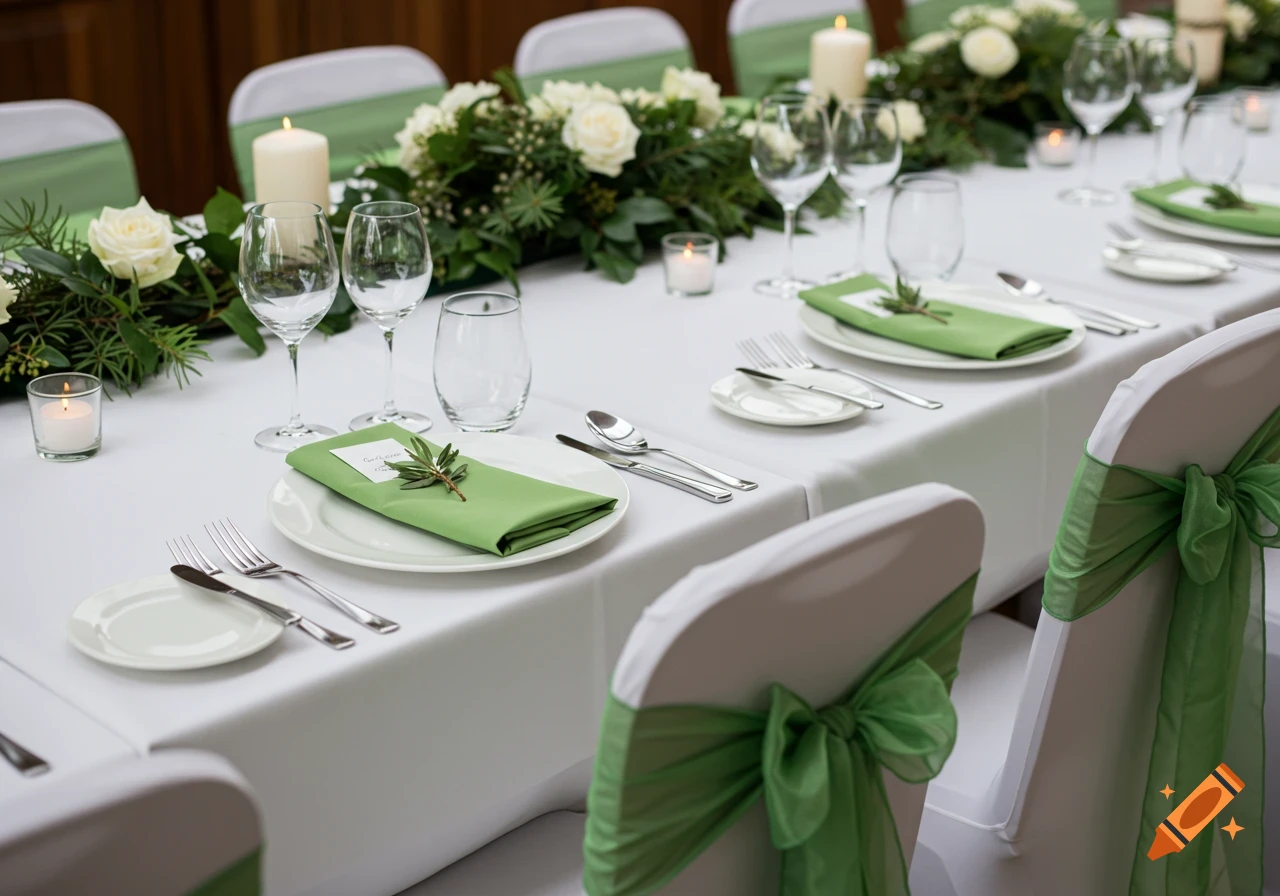 Close-up view of a wedding table setting with white tablecloth, green napkins, white roses, candles, and wine glasses.