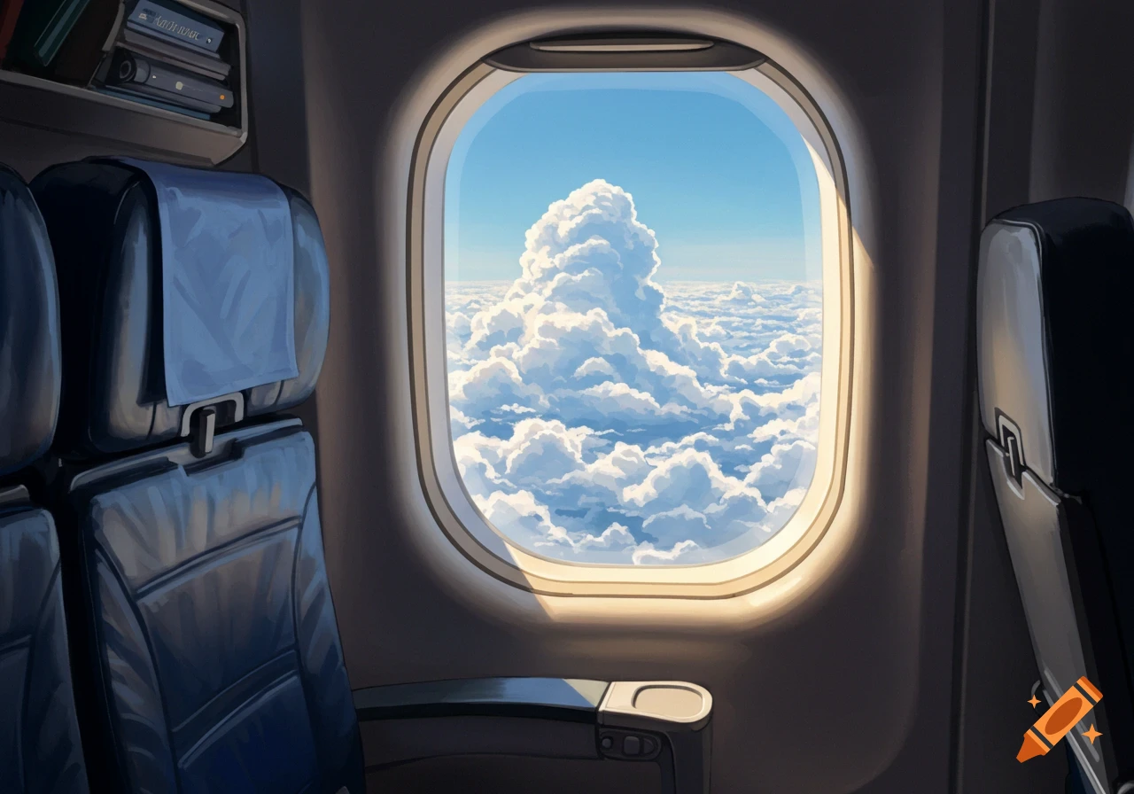 View from an airplane window showing clouds in a blue sky. The interior shows airplane seats and shelves.