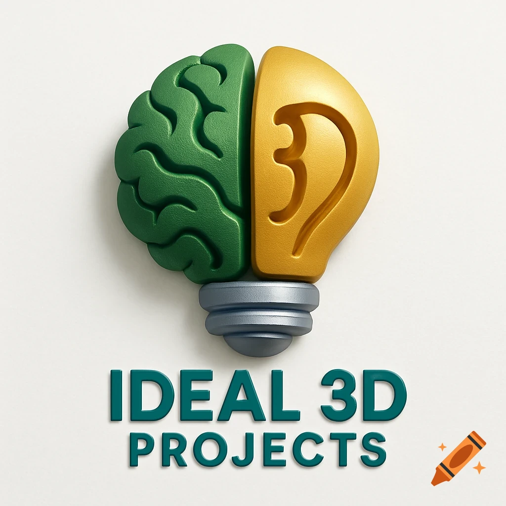 A 3D render of a logo showing a green brain and a gold ear combined in a lightbulb shape, with the text "IDEAL 3D PROJECTS" below on a white background.