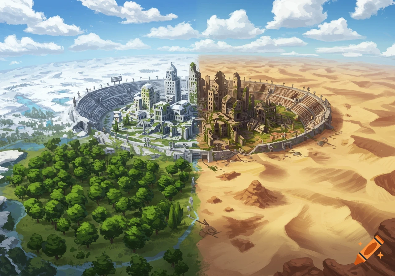 Sky view of an arena surrounding a city split into snow, forest, ruined city, and desert biomes, illustrated style.