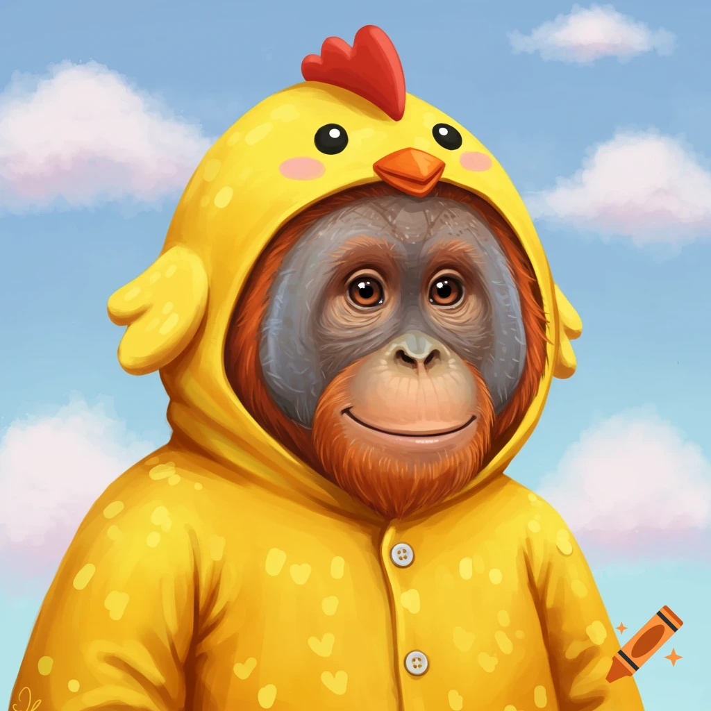 An orangutan wears a yellow chicken costume against a cloudy sky.