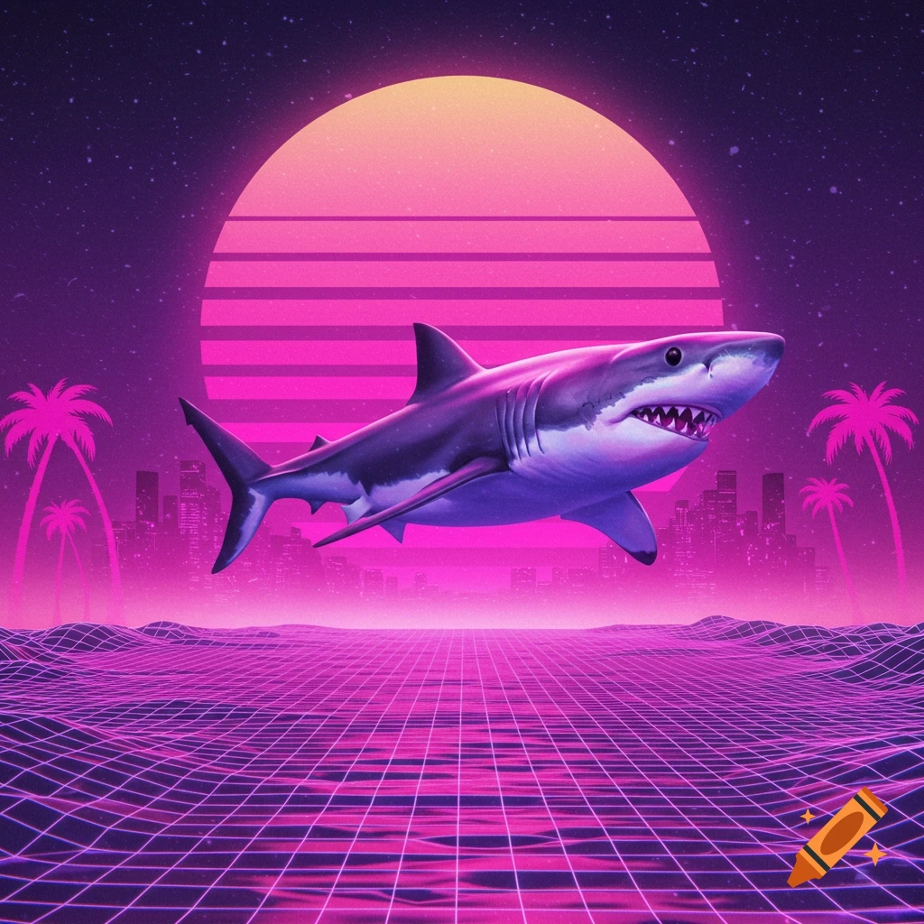 A shark floats over a glowing grid ocean in a vaporwave scene with a pink sunset, palm trees, and city skyline.