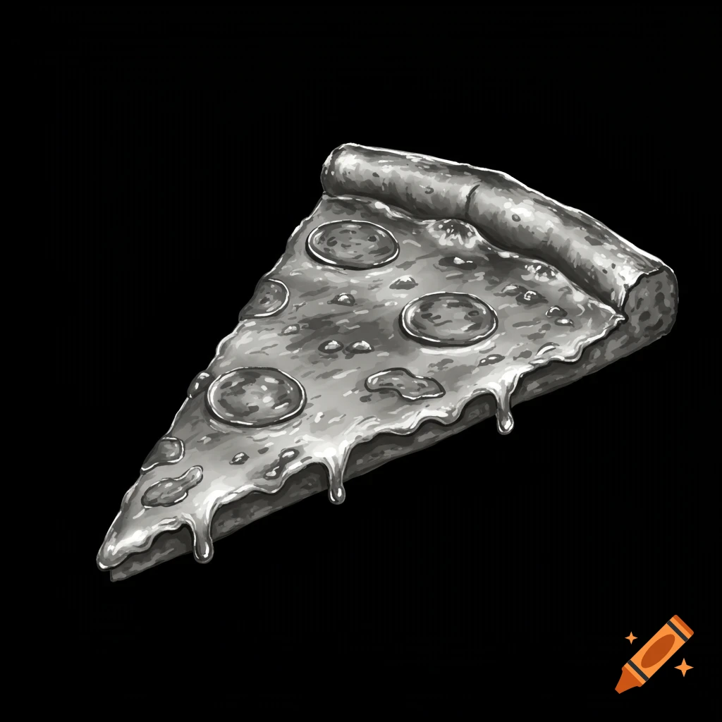 Illustration of a slice of silver pizza with pepperoni and dripping cheese on a black background.
