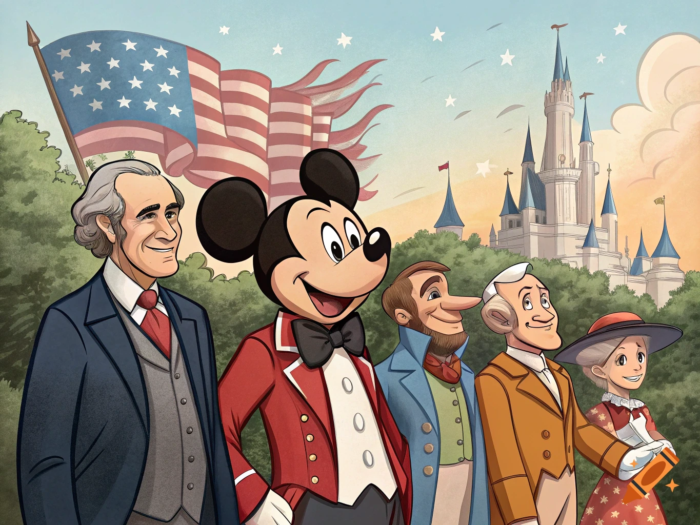Cartoon illustration of Mickey Mouse standing with US Presidents in front of an American flag and a Disney castle.