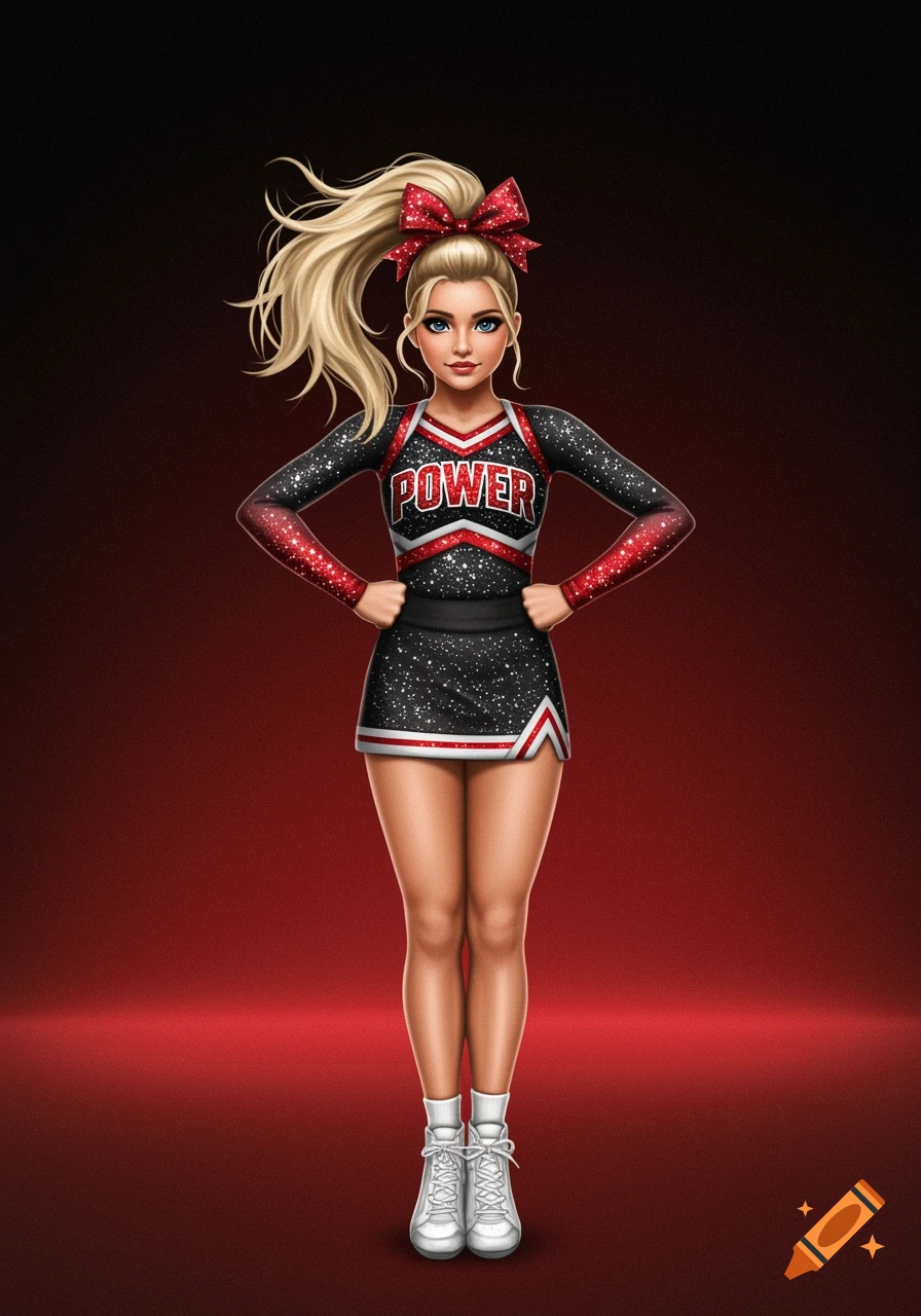 A girl with blond hair in a red and black cheer uniform with 'POWER' on it, standing against a red background.