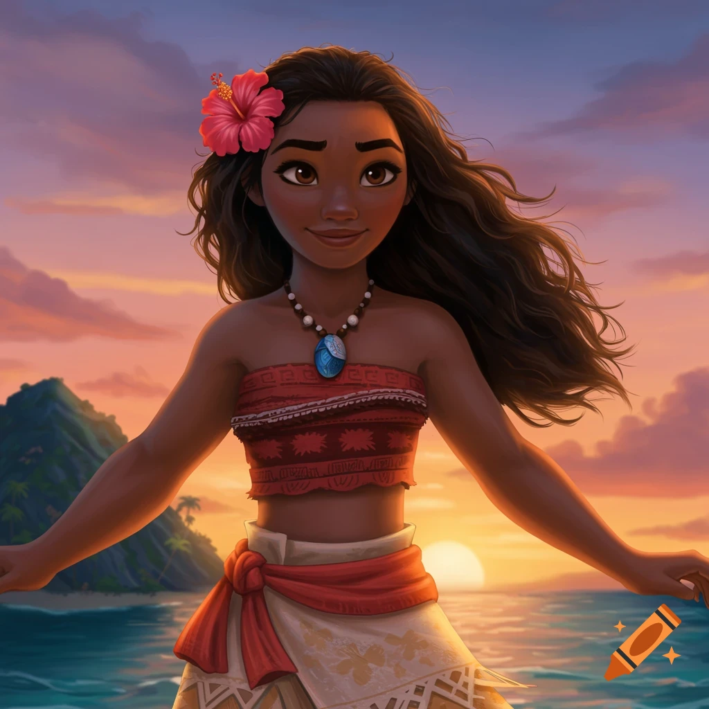 Illustration of Moana standing by the ocean at sunset