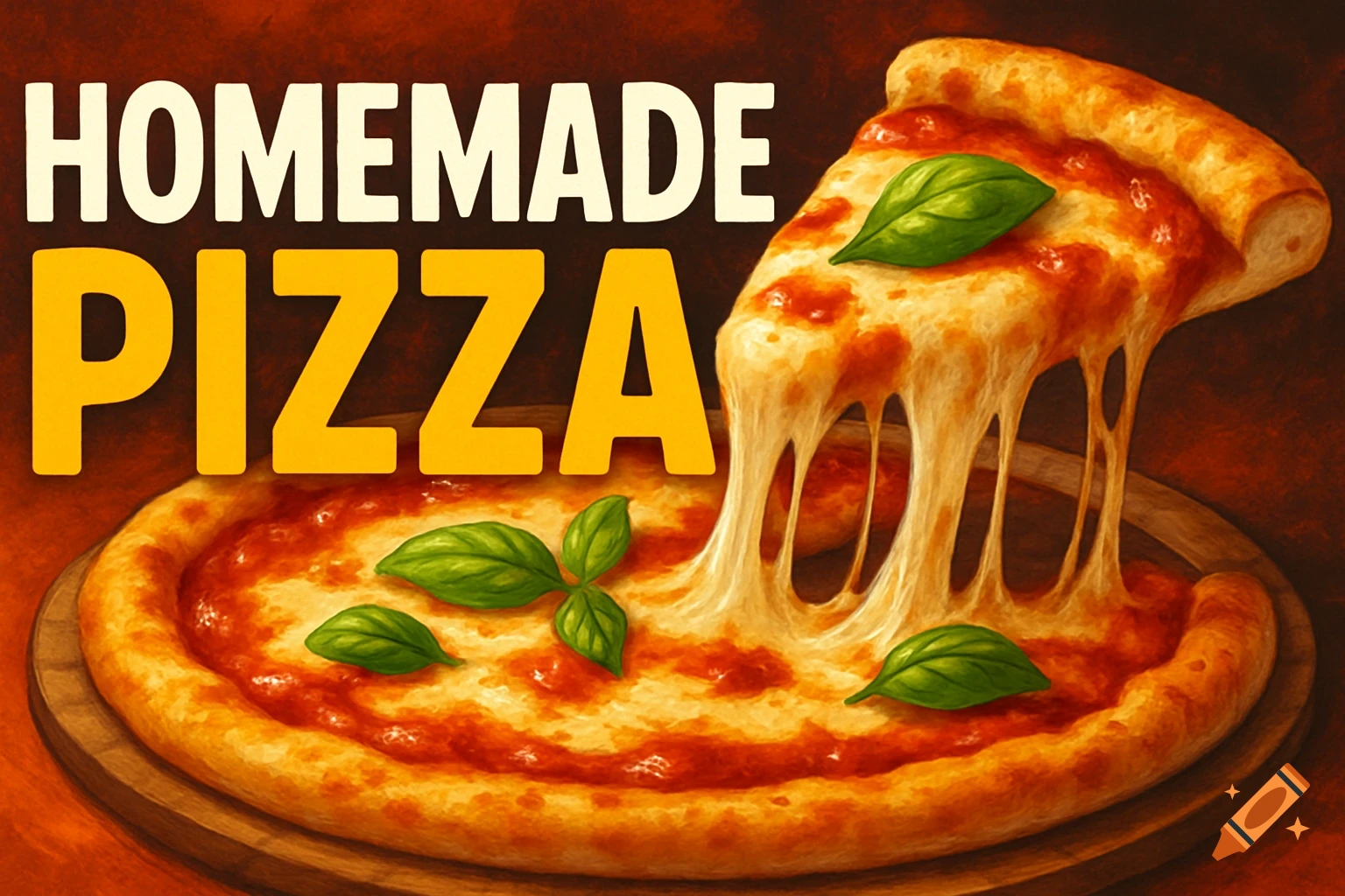 Digital art illustration of a homemade pizza with a cheese pull and the text 'HOMEMADE PIZZA'.