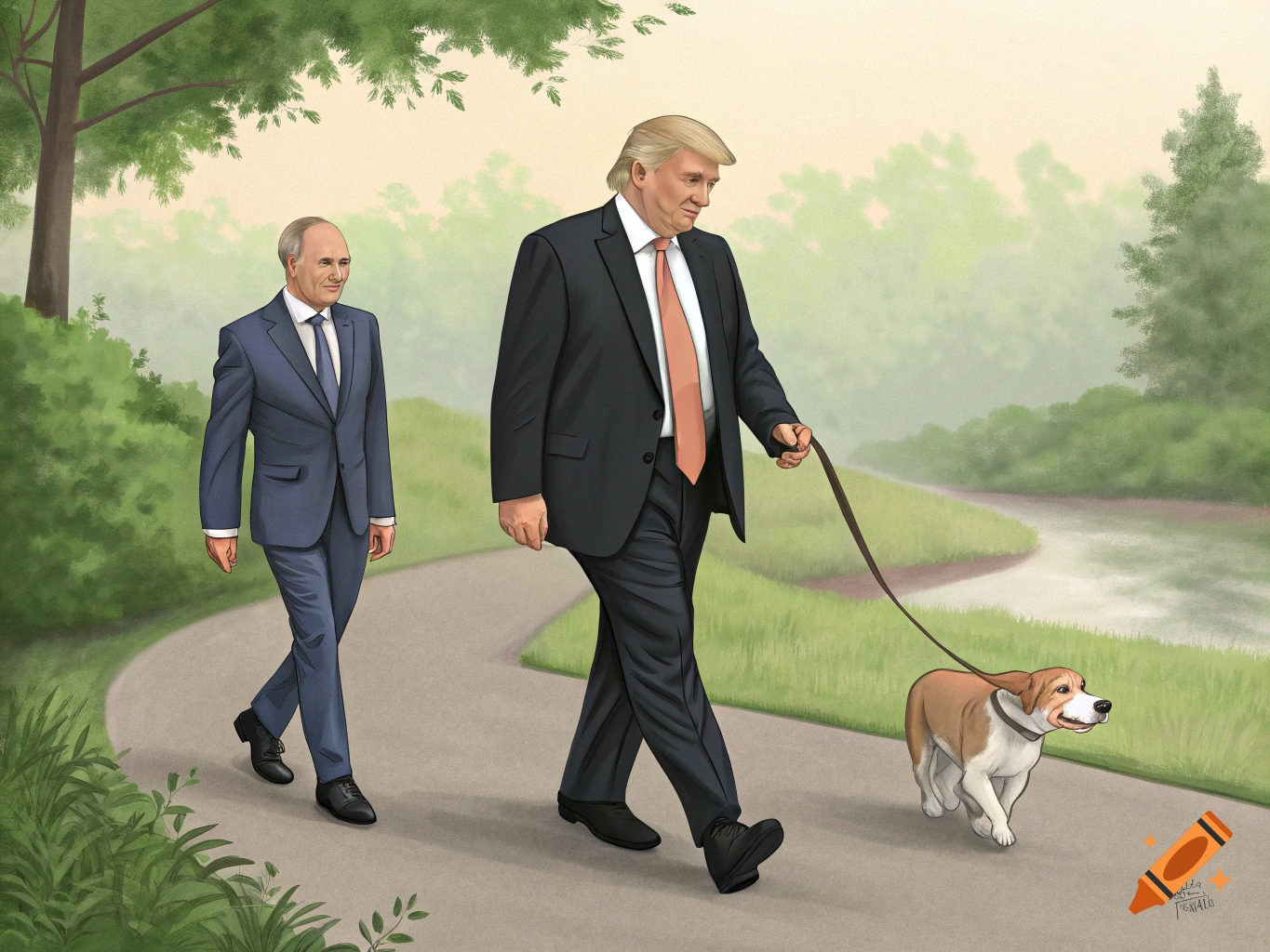 Illustration of two men resembling Trump and Putin walking a dog on a paved path in a park.
