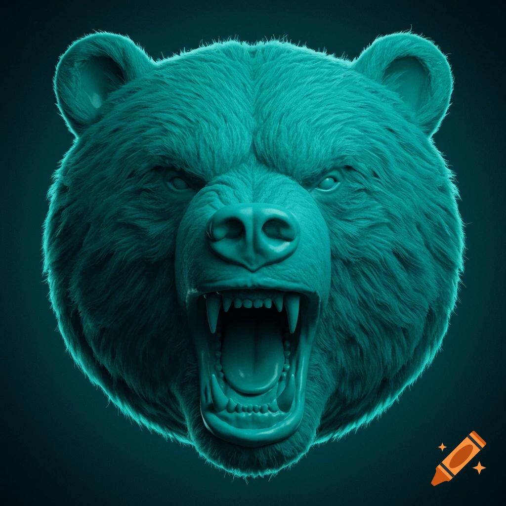 Close-up of a teal-colored stylized bear head roaring with its mouth open.