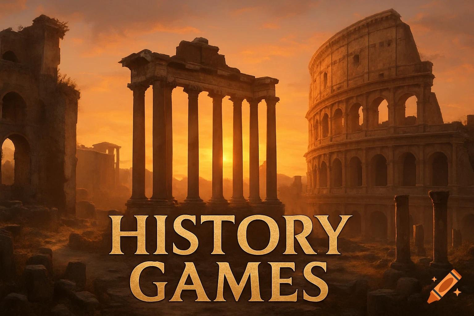 Roman ruins including a temple and the Colosseum at sunset with the text "HISTORY GAMES".