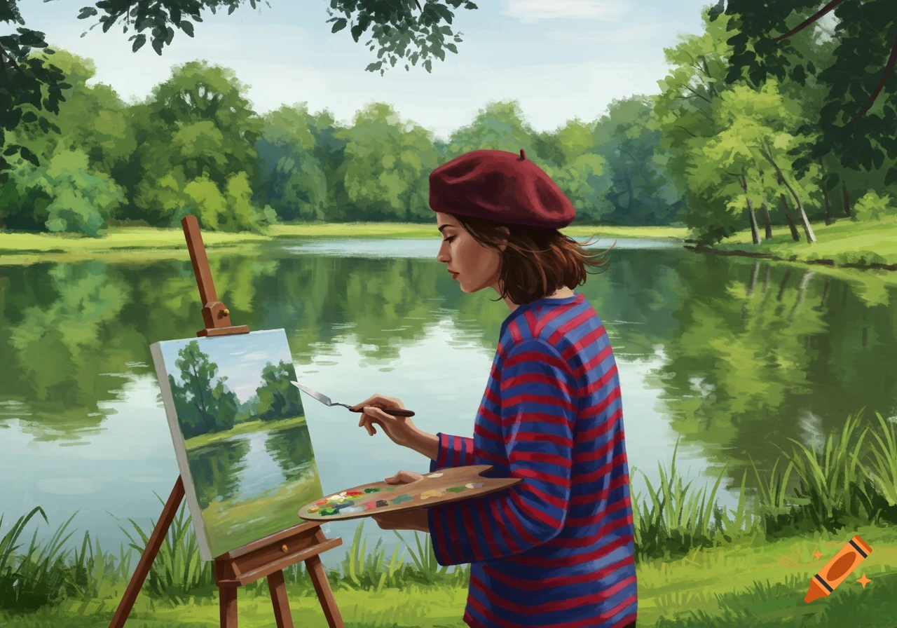 An artist wearing a red beret paints a landscape of a lake and trees on an easel.