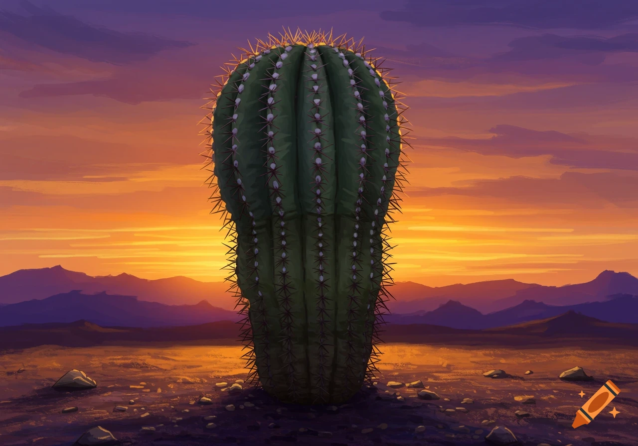 A large green cactus stands in a desert landscape at sunset with mountains in the background, in an illustrative style.