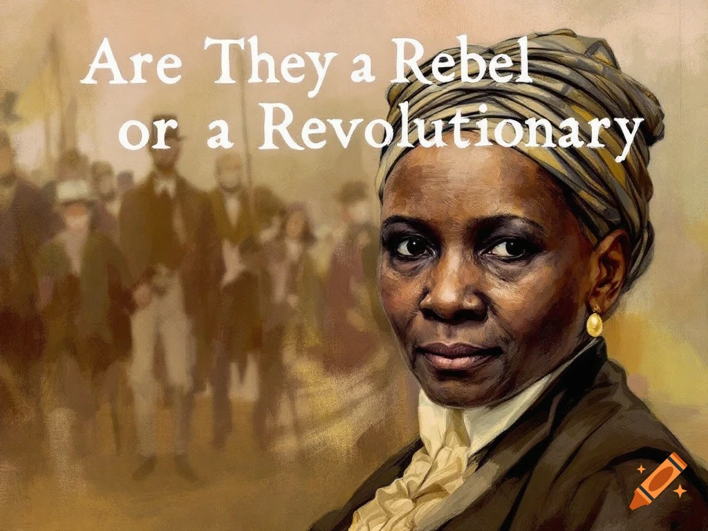 Digital painting of a woman in historical clothing with text overlay and blurry crowd in the background.