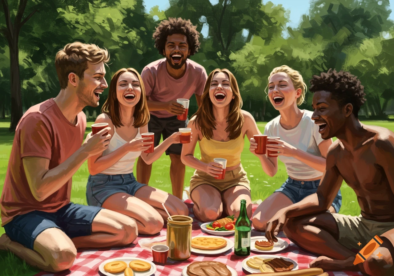 Painting of diverse friends laughing at a park picnic. on Craiyon