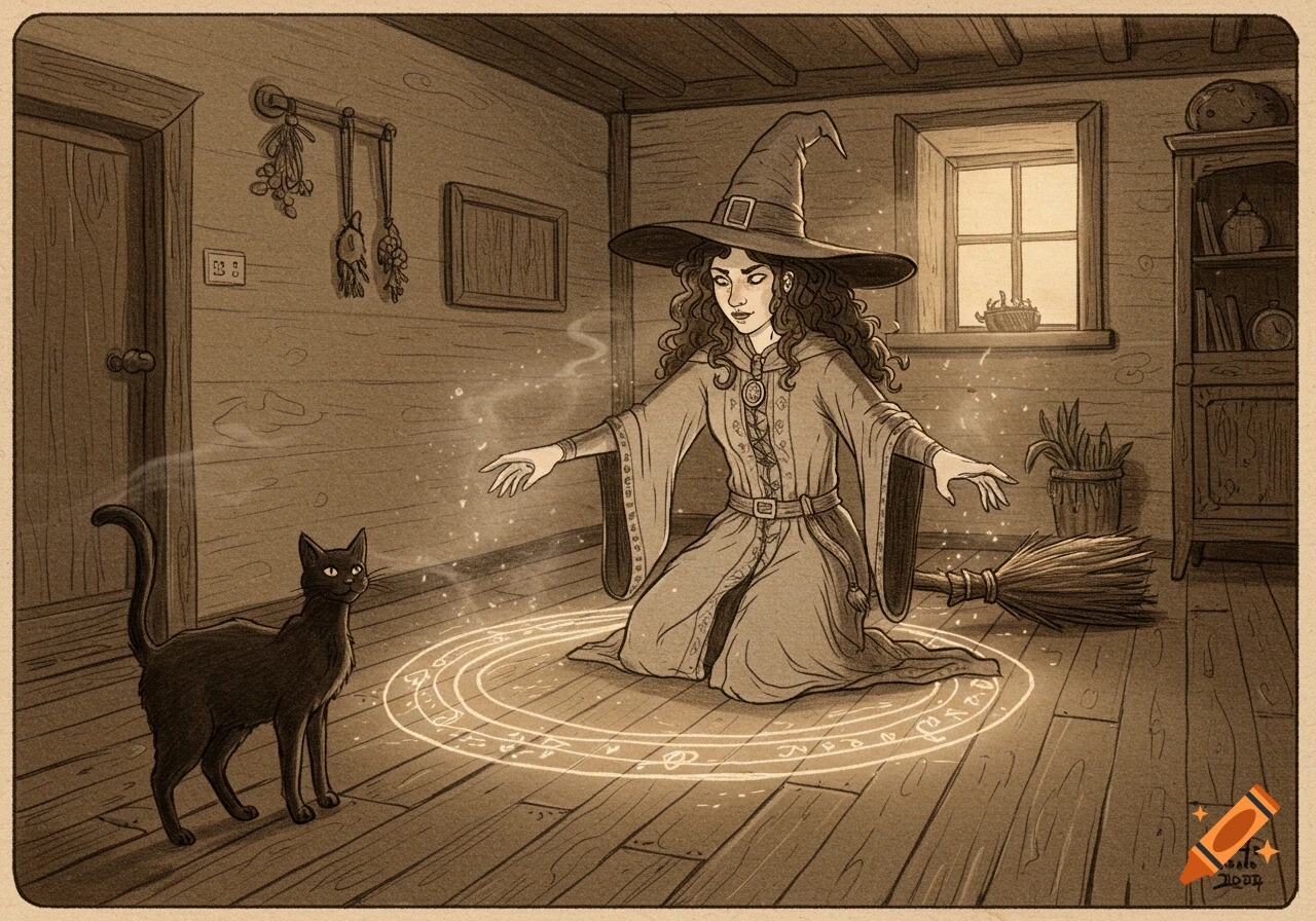 A sepia pencil and ink drawing of a witch casting a spell in a cottage with a black cat.