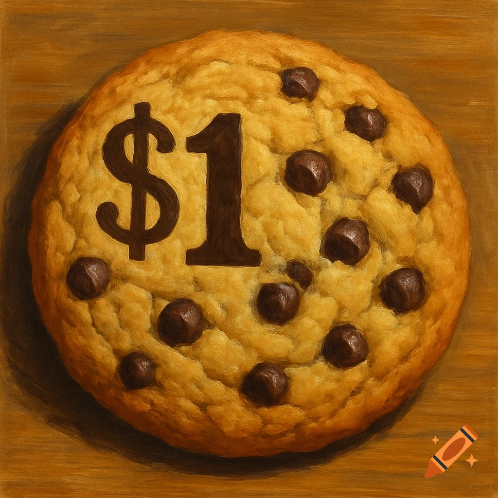 A painted close-up of a chocolate chip cookie with a dollar sign and the number 1 on it.