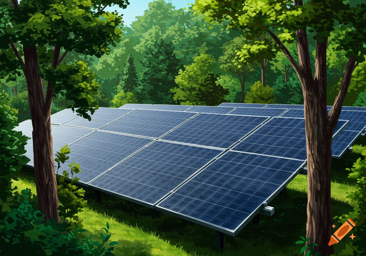 Solar panels sit in a grassy clearing surrounded by trees in a lush forest.