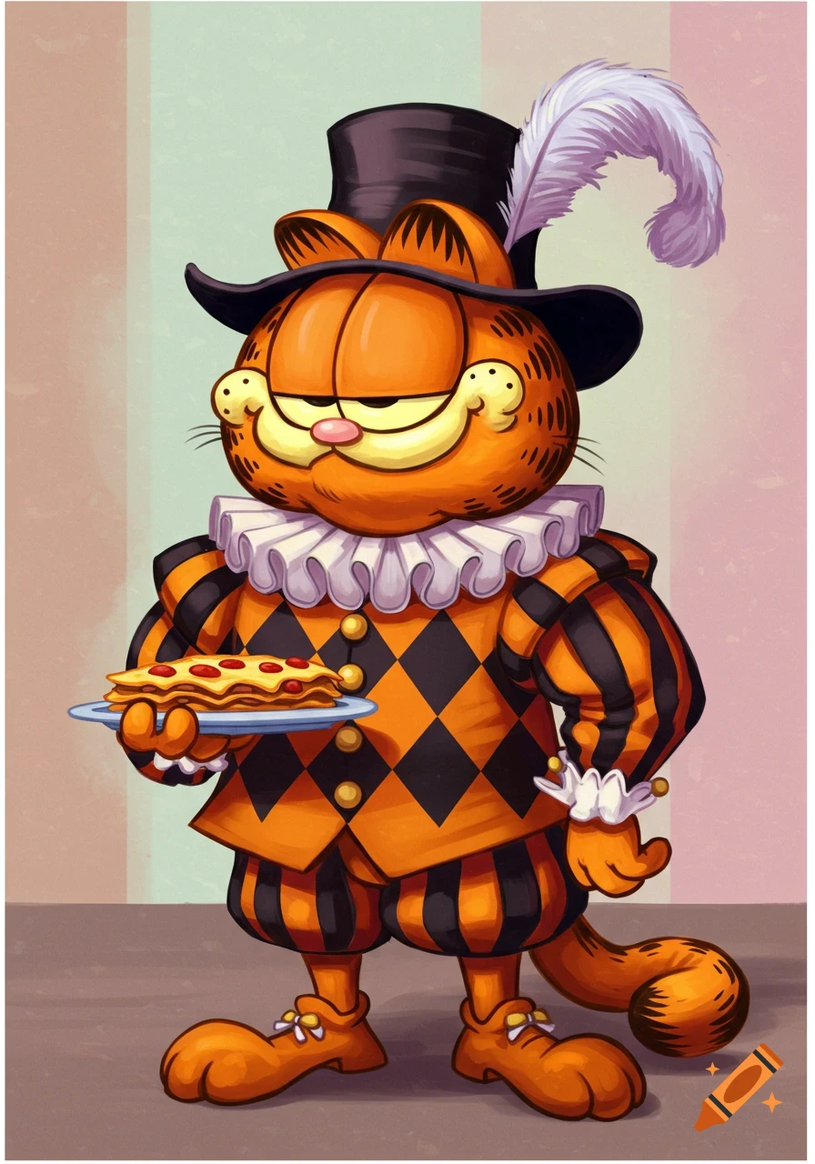 Garfield the cartoon cat dressed as Arlecchino, holding a plate of lasagna.