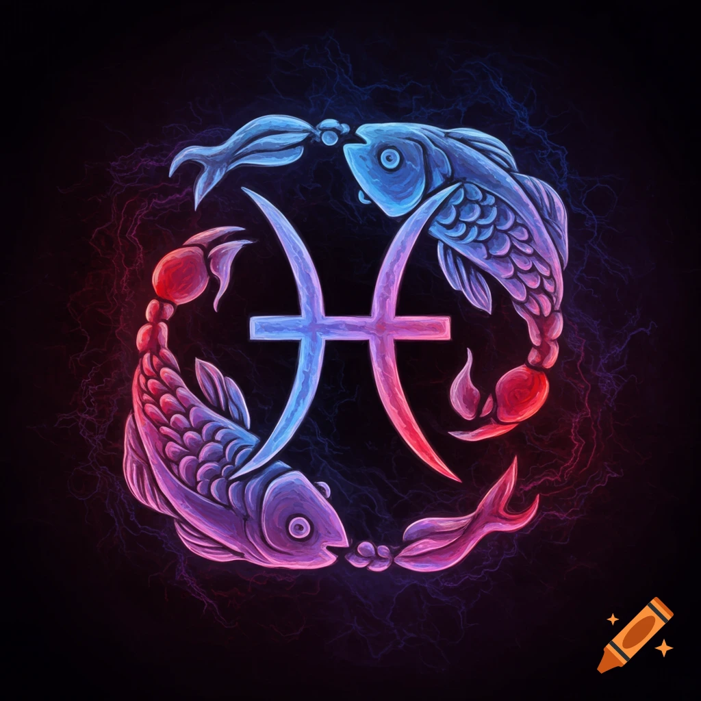 Stylized astrology symbol with two glowing fish entwined around the Pisces sign in blue and red light.