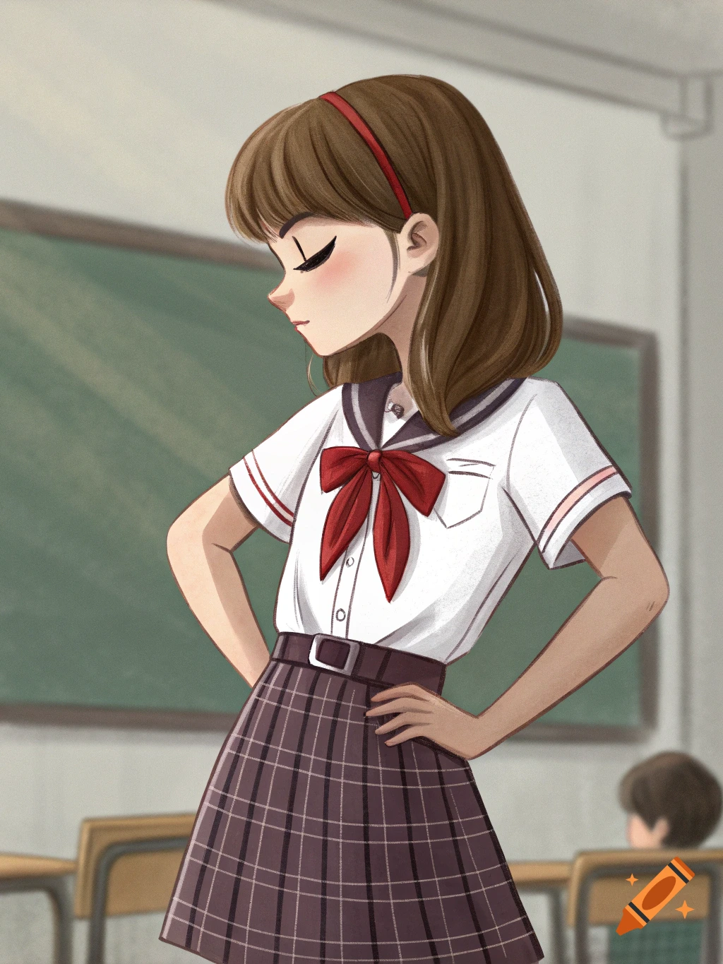 Illustration of a girl in school uniform with red bow and false eyelashes in a classroom