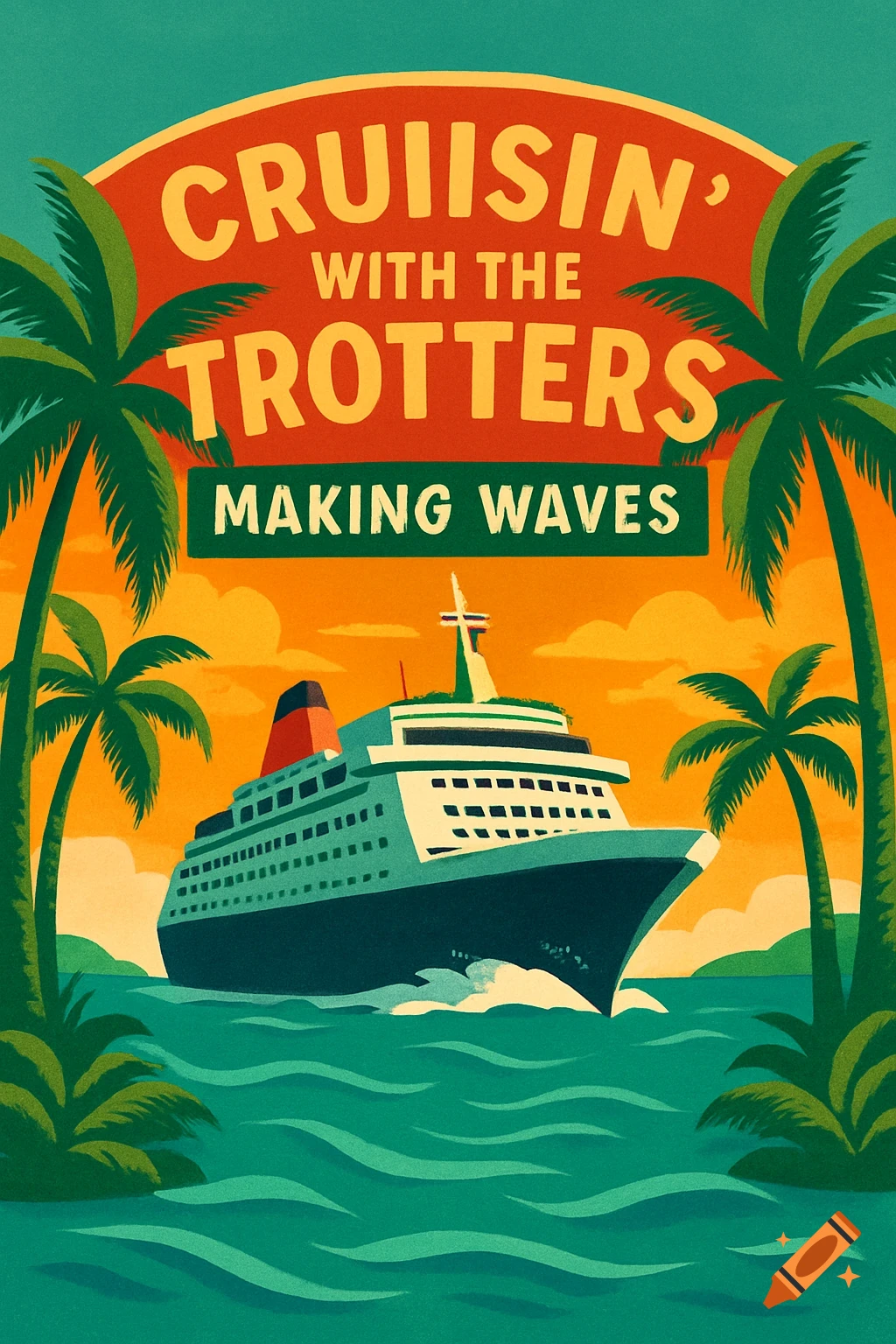 Graphic poster of a cruise ship and palm trees with text 'Cruisin’ with the Trotters Making Waves'.