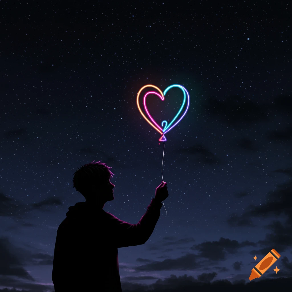 Silhouette of a person holding a neon heart balloon against a starry night sky.