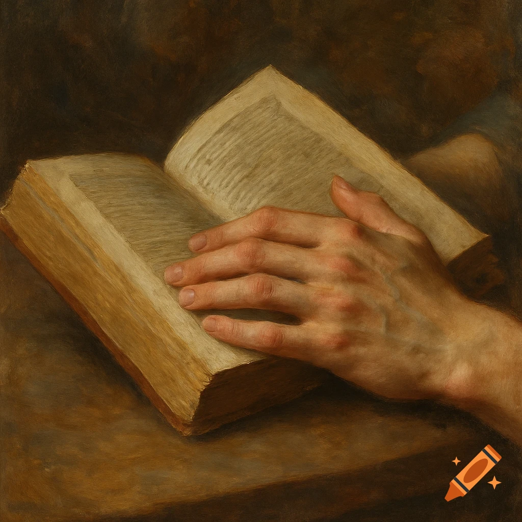 A hand rests on the pages of an open book in an oil painting.