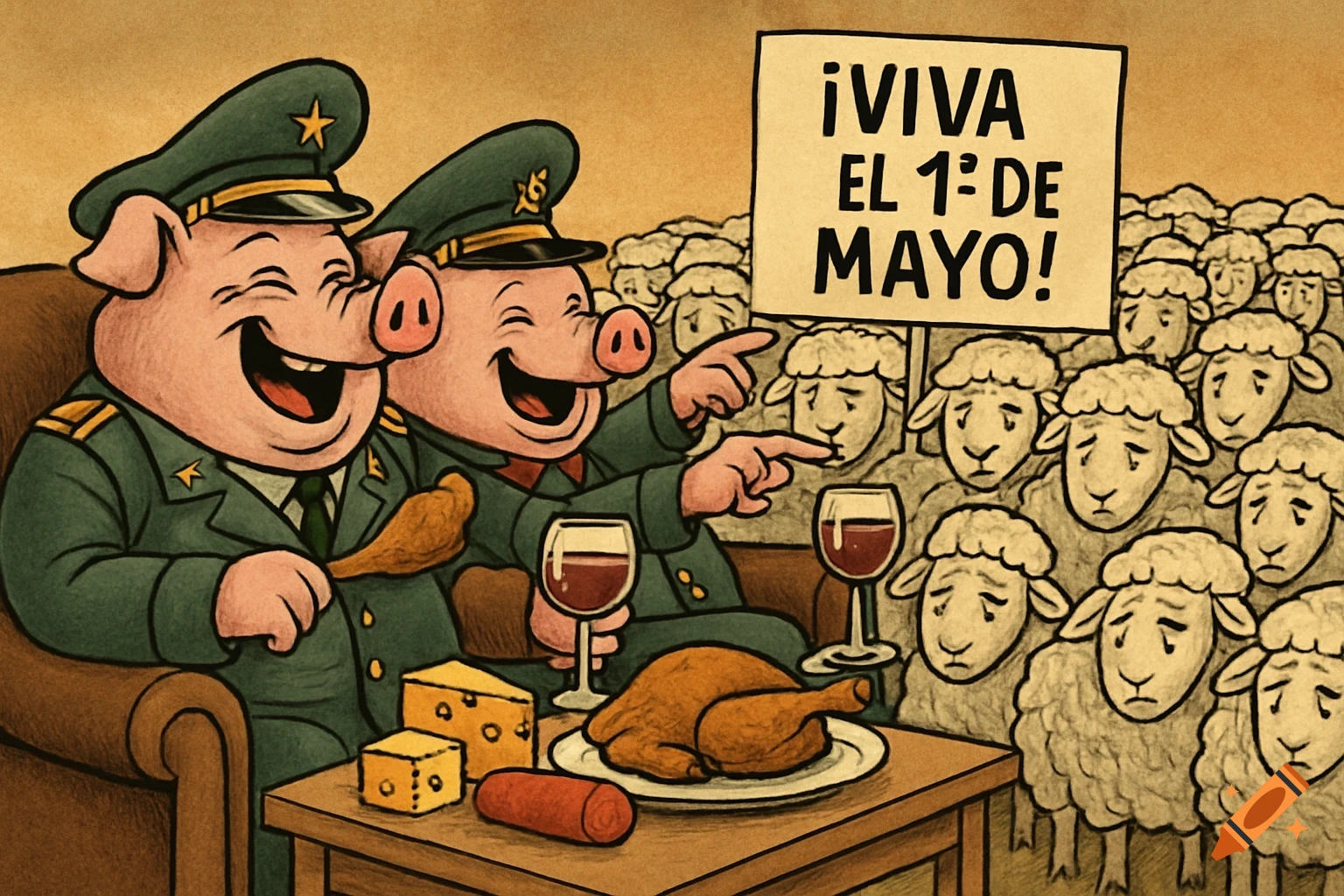 Cartoon of two laughing pigs in military uniforms eating at a table and pointing at a crowd of sad sheep holding a sign "¡Viva el 1° de mayo!".