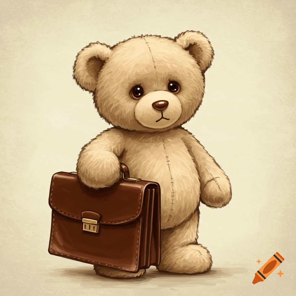 Beige teddy bear illustration holding a brown briefcase