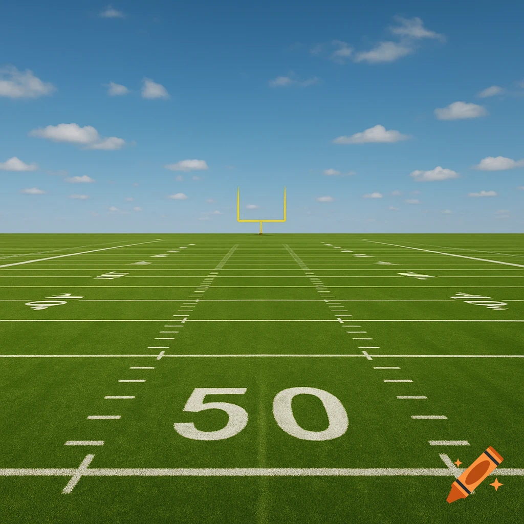 A perspective view of a football field from the 50-yard line looking towards the goalposts.