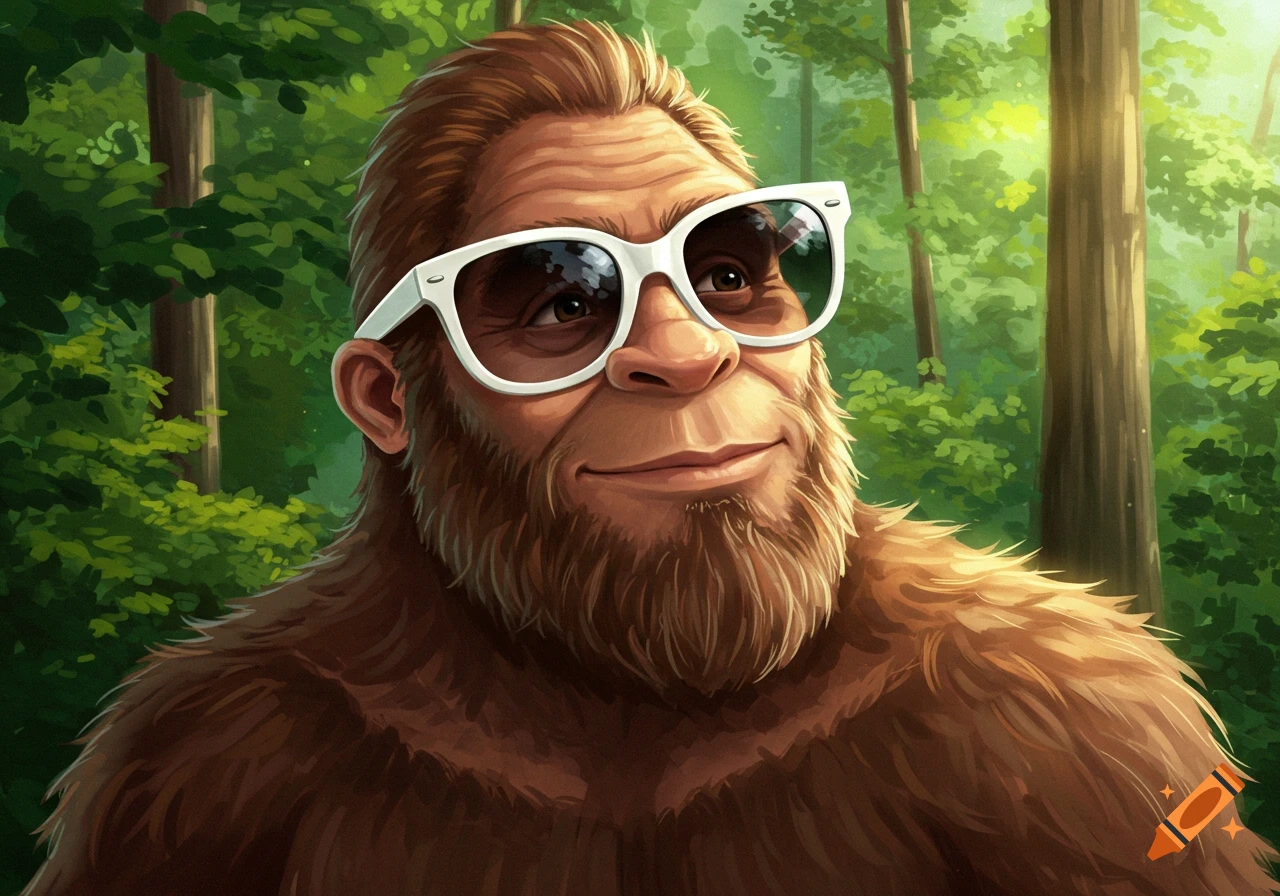 Illustration of Bigfoot wearing white sunglasses in a forest